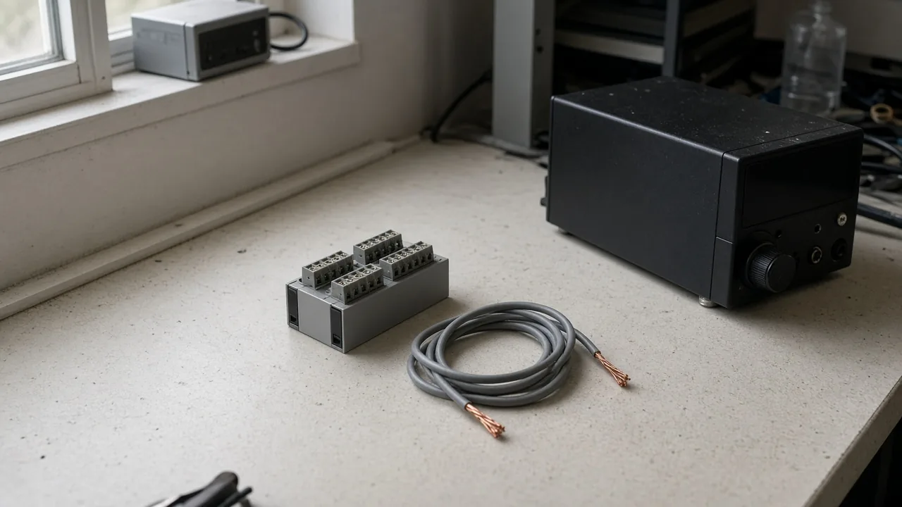 A terminal module, a coiled two-conductor cable, and a bench supply on a workbench