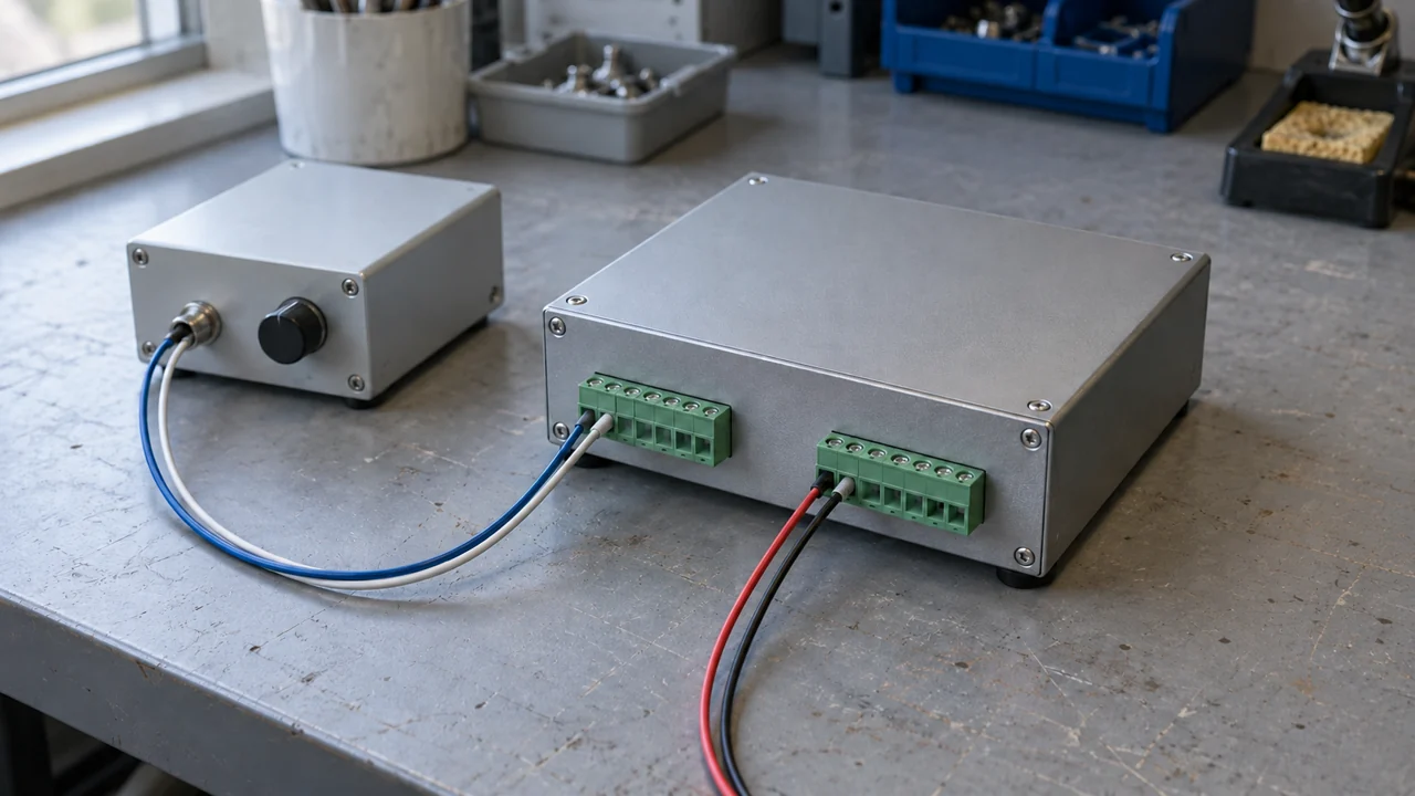 Two metal enclosures and paired signal wires on a gray electronics bench