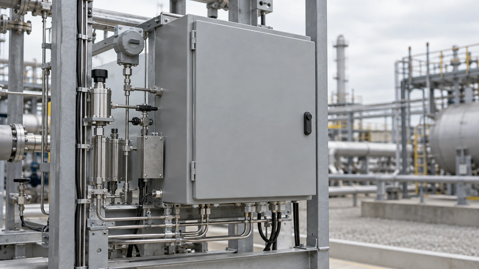 Illustration of a generic continuous gas analyzer cabinet on an outdoor process skid with sample tubing