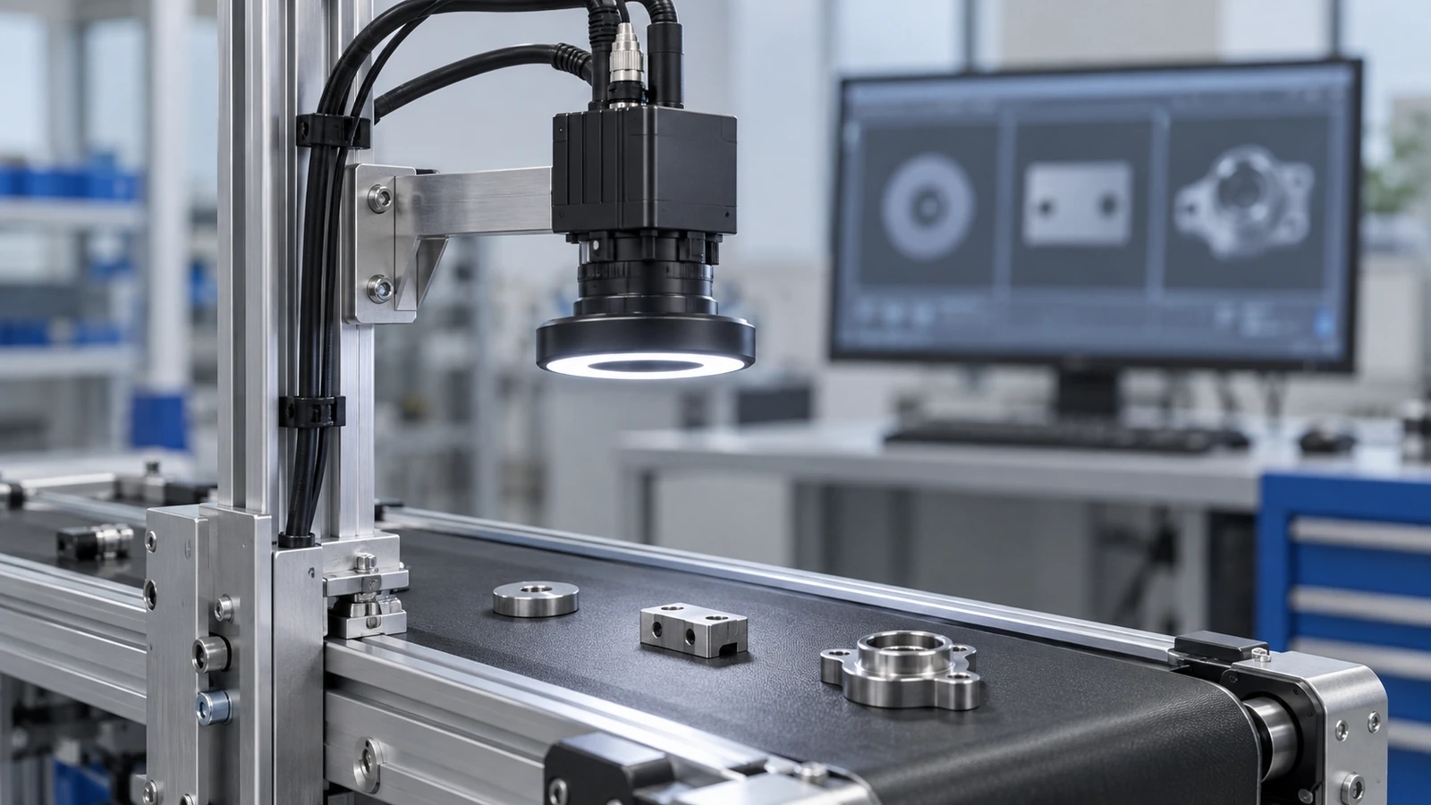 Illustration of an industrial camera above a small conveyor with parts, next to an engineering workstation