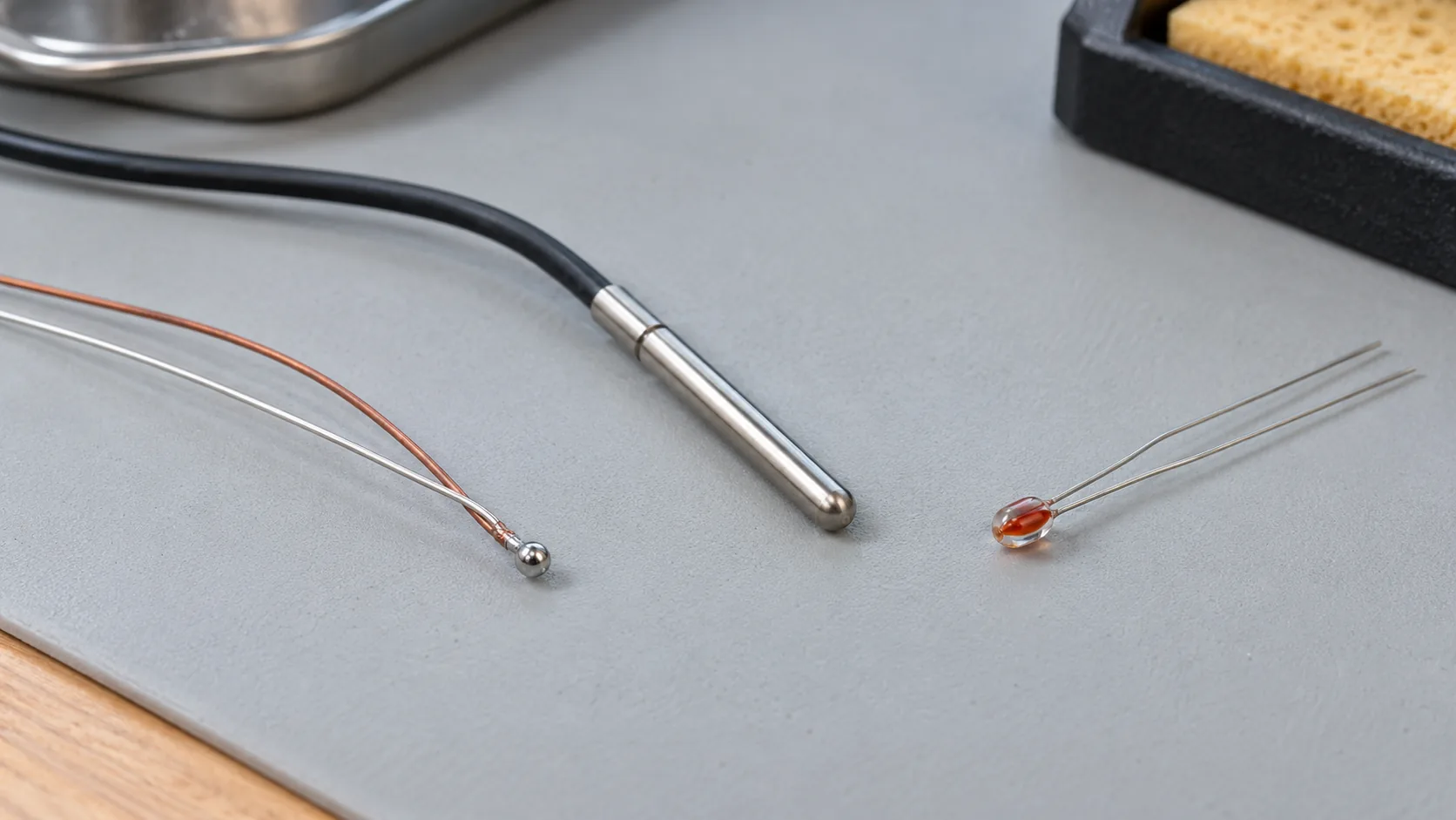 A beaded wire junction, a short stainless probe, and a glass bead with two leads on a gray mat.
